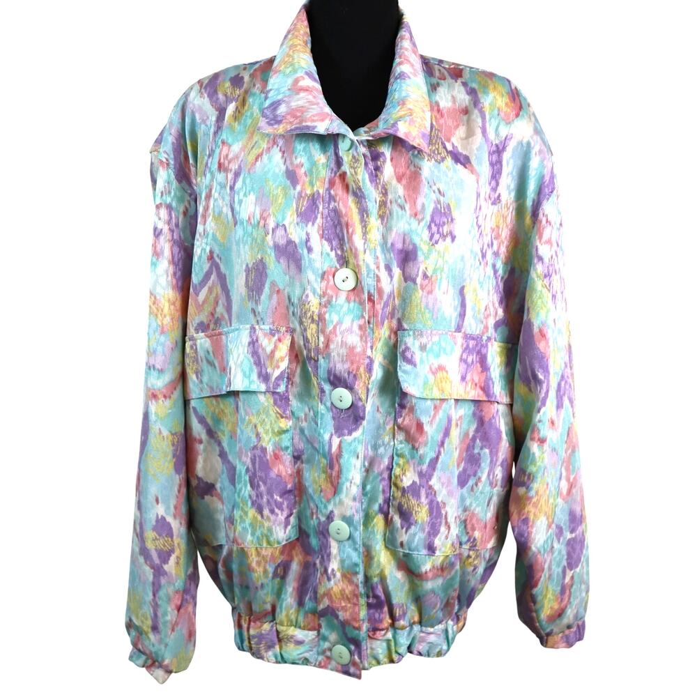 Vintage 80s 90s Silkworms Retro bomber Jacket Lightweight Pastel Watercolor XL